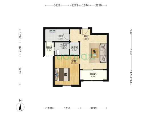 鹤沙航城和美苑 1室1厅2卫 63平方