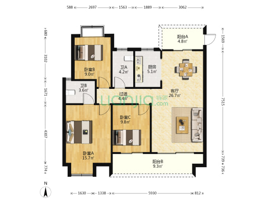 万融加州江山明樾 3室1厅2卫 116平方