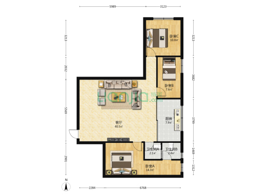 白岩路 3室1厅2卫 117平方