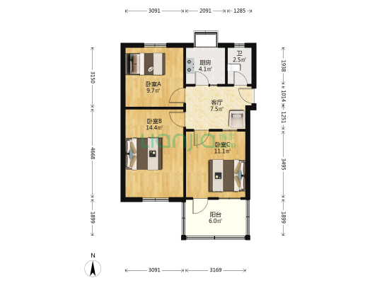 宋城路38号 3室1厅1卫 66平方