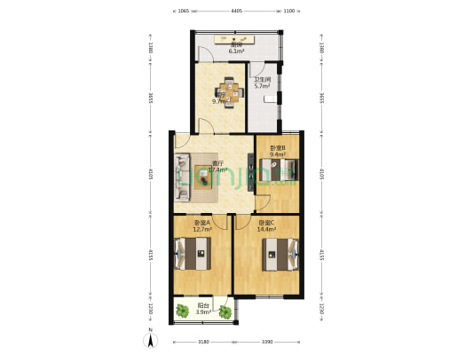 向阳新区 3室2厅1卫 98平方