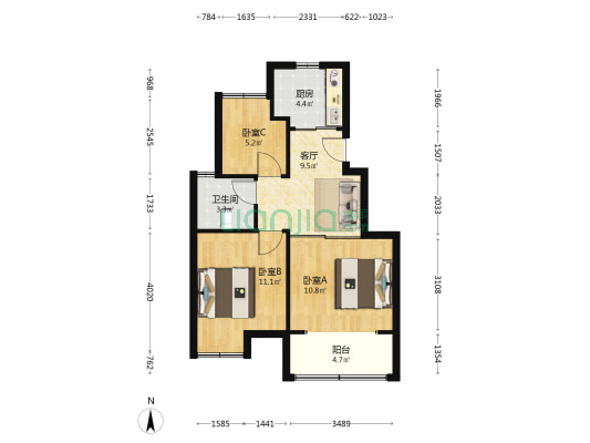 新鹿花苑四期 3室1厅1卫 67平方