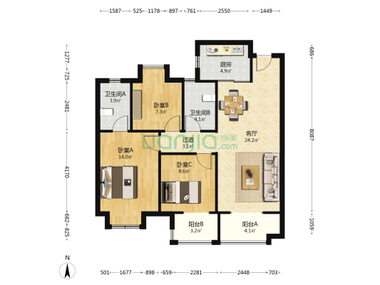 坤合云海城 3室1厅2卫 106平方