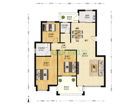 万正假日风景 3室1厅2卫 125平方