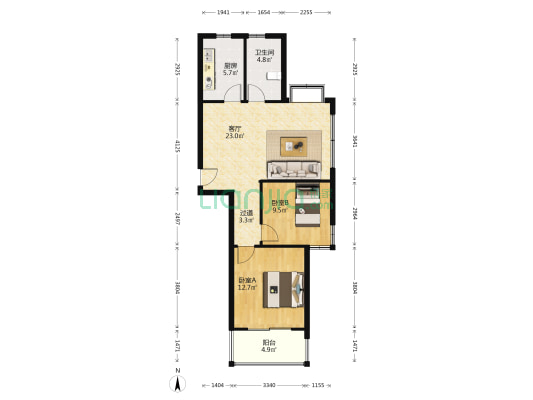 潮王公寓 2室1厅1卫 90平方