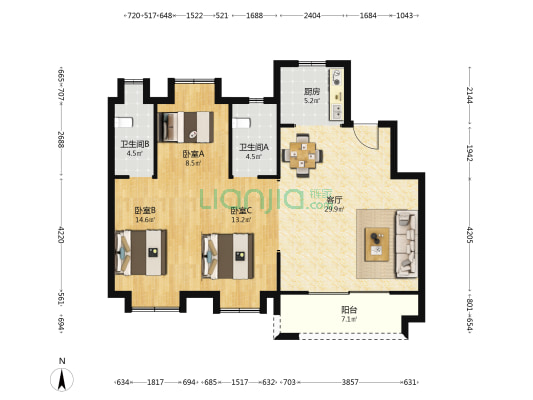 武汉卓越城 3室1厅2卫 107平方