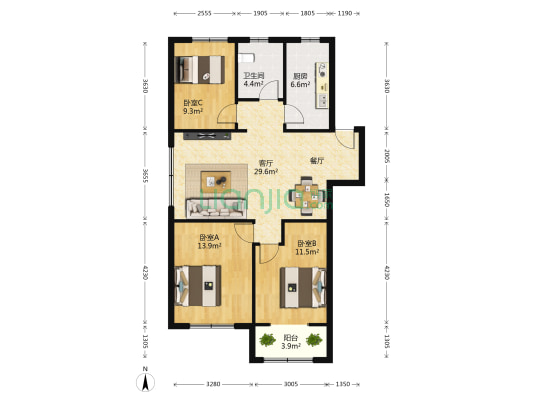 申花名都 3室1厅1卫 158平方