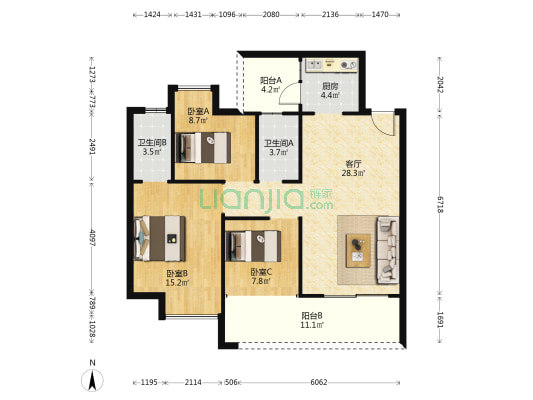 高雅花园 3室1厅2卫 99平方