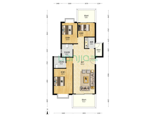 高科花漾生活 3室1厅2卫 117平方