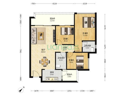 海成南滨上院C区 3室1厅2卫 109平方