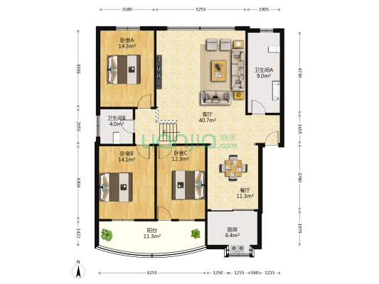 建苑小区 3室2厅2卫 139平方