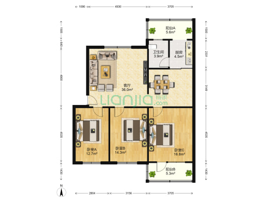 丰盛小区 3室1厅1卫 119平方