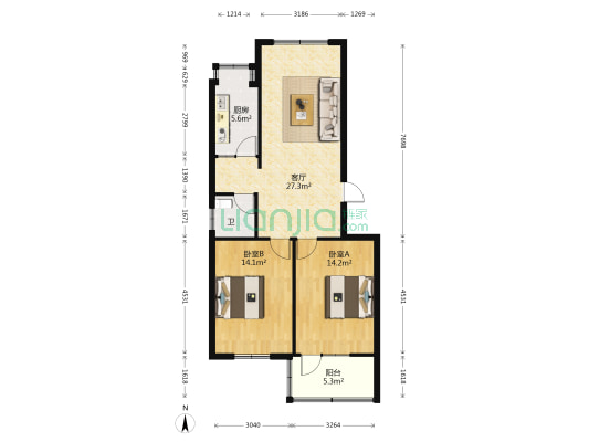 黄河路230号院 2室1厅1卫 85平方