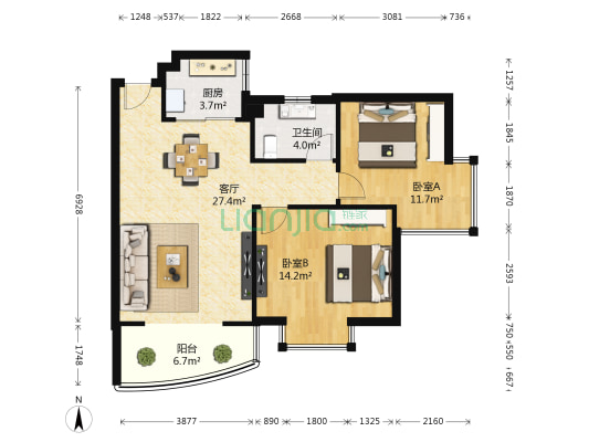 通达大厦 2室1厅1卫 82平方