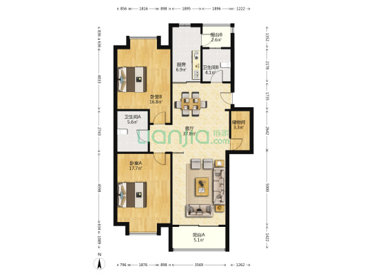北新街124号 2室1厅2卫 115平方