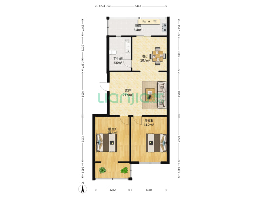 金叶小区 2室2厅1卫 100平方