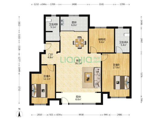 雪山万科城 2室1厅2卫 129平方