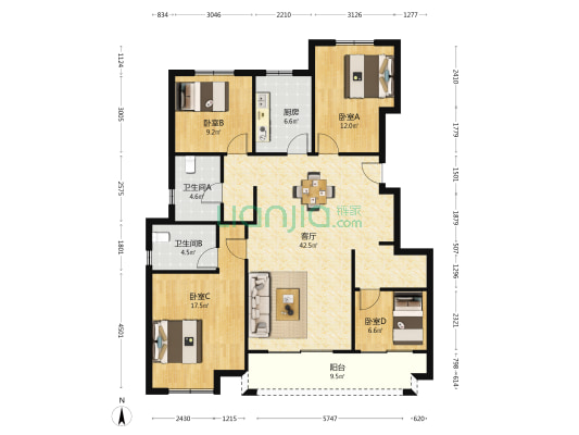 龙湘美境 4室1厅2卫 135平方