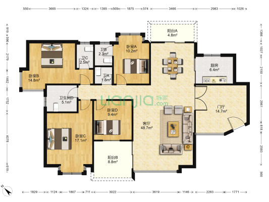 御景湖畔 4室1厅4卫 164平方