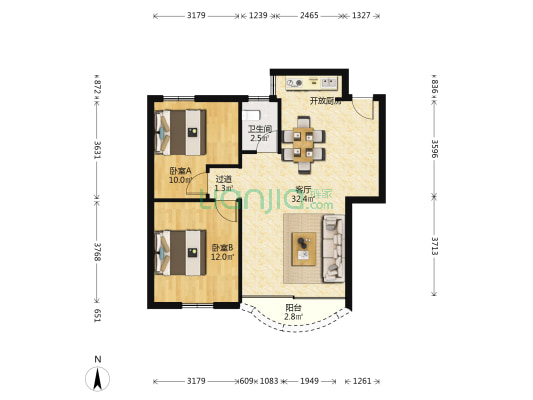 高发住宅楼 2室1厅1卫 69平方