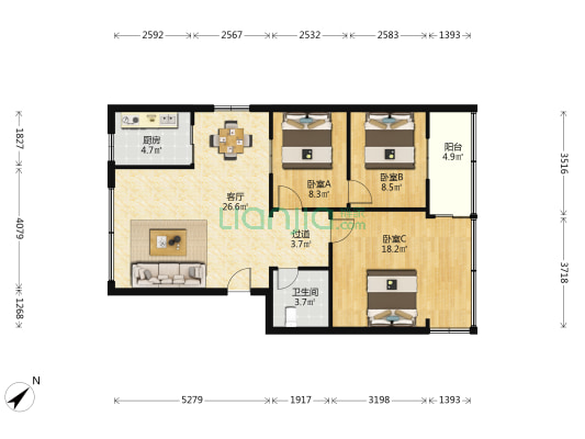 美兰法院宿舍区 3室1厅1卫 77平方