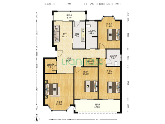 稻香阁小区 4室1厅2卫 156平方