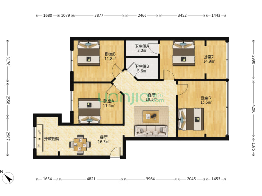 锦江公寓(青羊) 4室2厅2卫 115平方