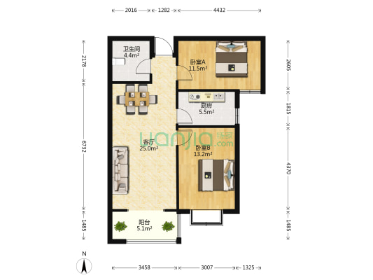 揽和园 2室1厅1卫 91平方
