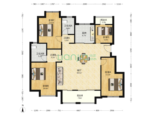 红豆美墅公园里 4室1厅2卫 139平方