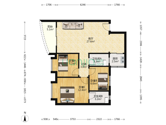 喜翠豪庭 3室1厅2卫 88平方
