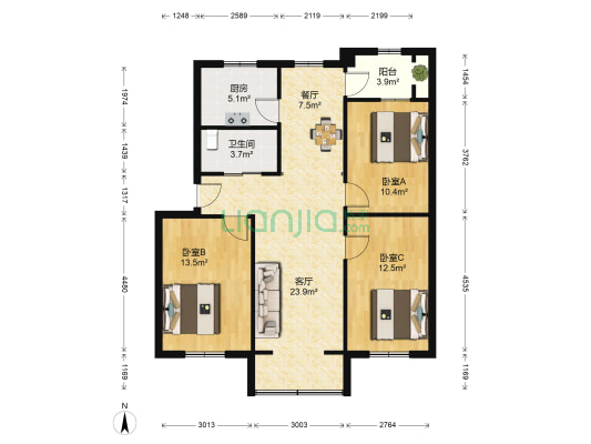 一汽20街区 3室2厅1卫 104平方