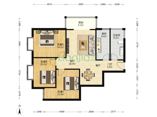 海璟印象城D区 3室1厅1卫 114平方