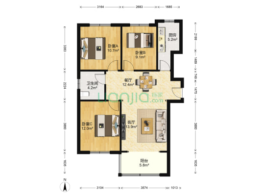 恒兴里程小区 3室2厅1卫 108平方