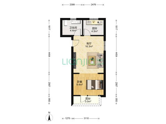 广贤梁园 1室1厅1卫 55平方