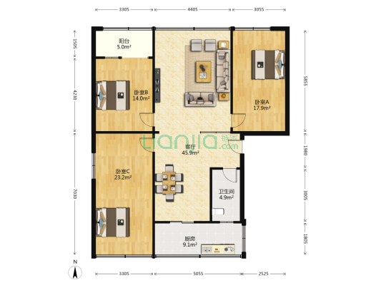 猫市巷12号 3室1厅1卫 117平方