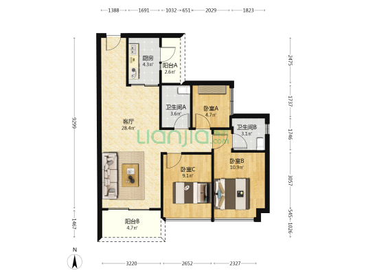 方圆星宇月岛 3室1厅2卫 94平方