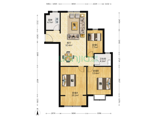 东虹花苑北苑 3室1厅1卫 108平方