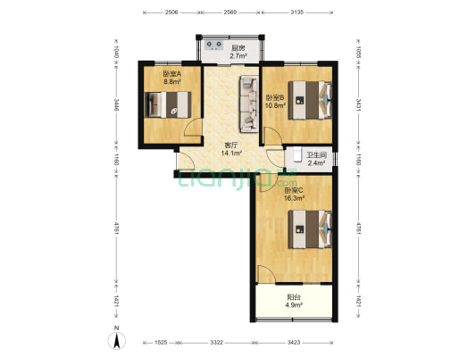 小观音楼巷 3室1厅1卫 67平方