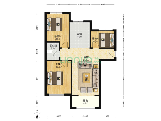 南北通透三居 带装修 全天采光 房本满二-户型图