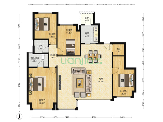 建发央著 4室1厅2卫 151平方