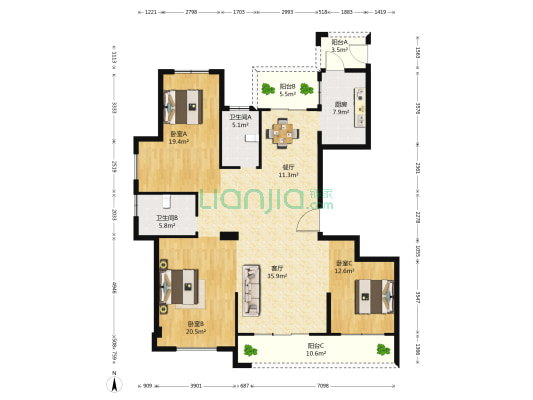 华盛嘉苑 3室2厅2卫 165平方