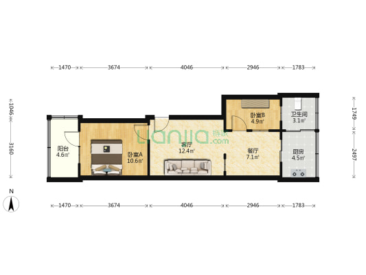 东坡苑 2室2厅1卫 61平方