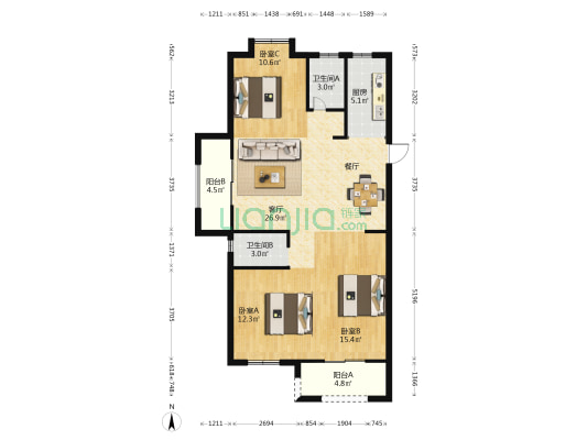 新榕金江郡北区 3室1厅2卫 108平方