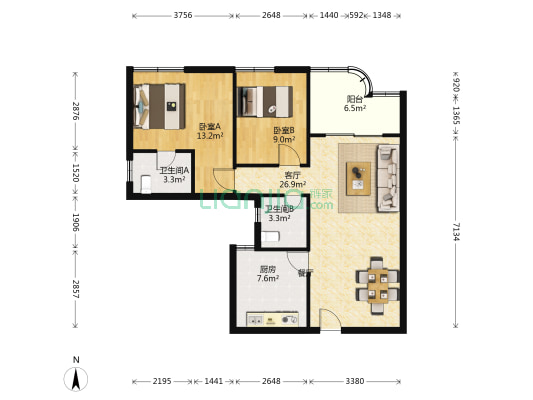 恒昌花园 2室1厅2卫 101平方
