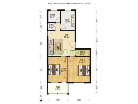 食品公司宿舍 2室1厅2卫 77平方