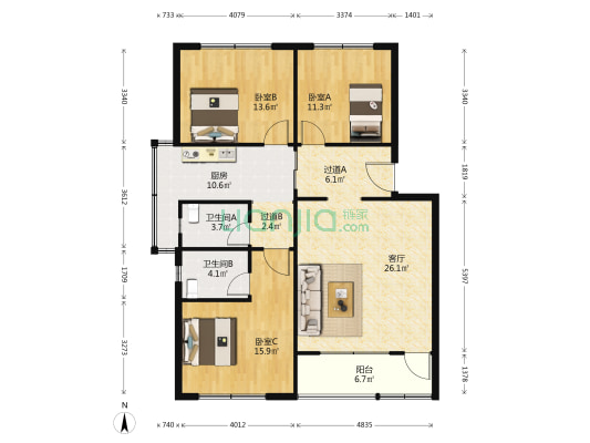 教师村 3室1厅2卫 120平方