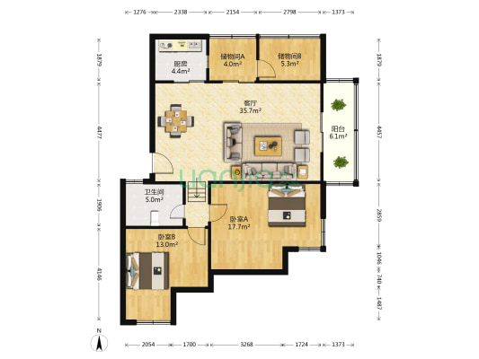 菁华时代彩慧苑 2室1厅1卫 90平方