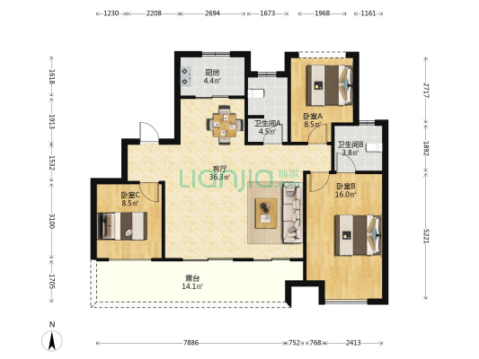 盛世城邦佳园 3室1厅2卫 110平方