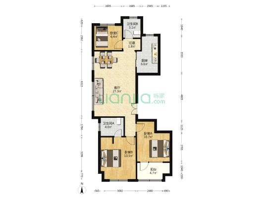 红星国际广场二期 3室1厅2卫 107平方
