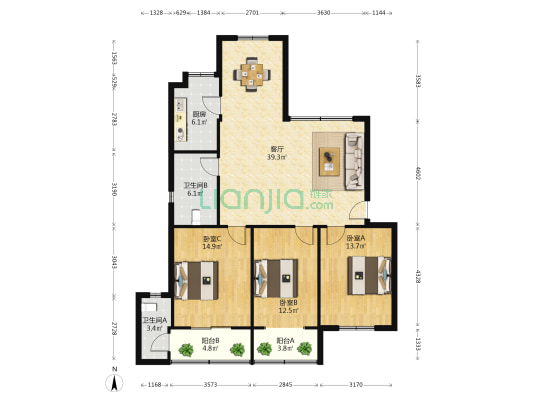 湖北省国税局宿舍 3室1厅2卫 125平方